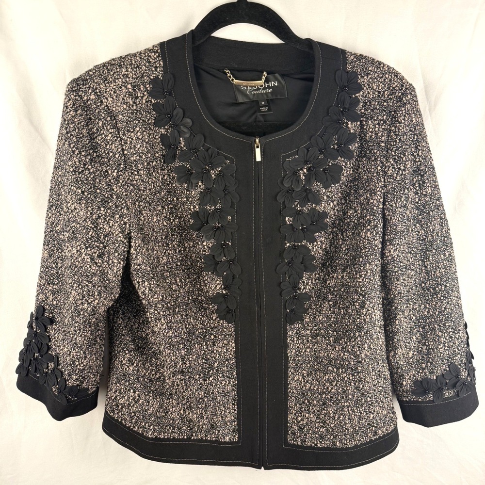 St. John Navy & Silver Tweed Zip-Front Floral Applique Jacket
